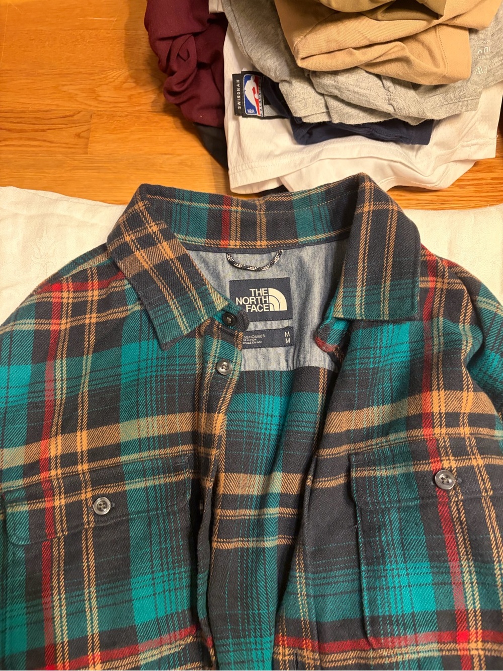The North Face Men's Teal and Black Plaid Button-Down Shirt